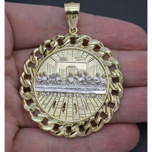 Real 10K Yellow Gold Last Supper Jesus Cuban Link Medallion Pendant Charm 12.0gr